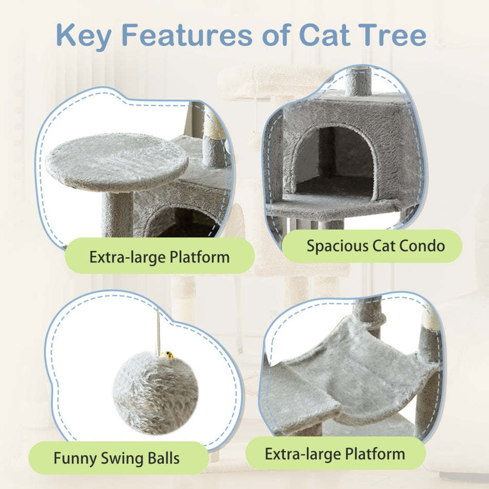 44 Inch Cat Tree Tower, Multi-Cat Climbing Tower With, Natural Sisal Scratching Posts, Extended Platform, Hammock