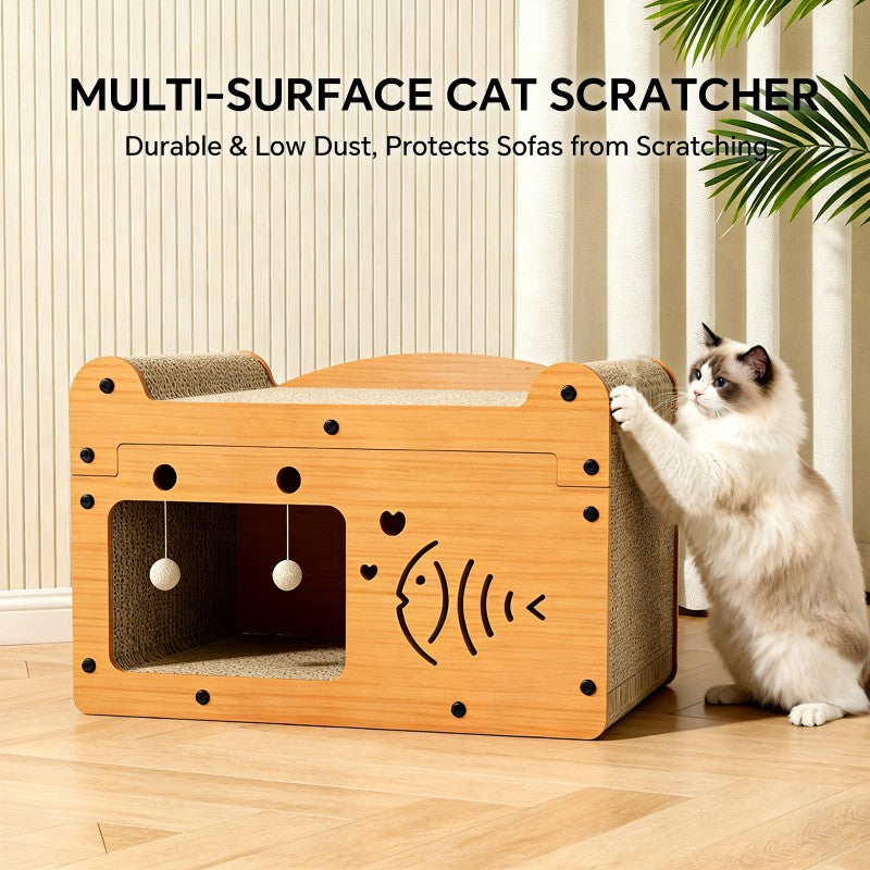 56cm Bubble Fish Shape Cat Scratcher Sofa, With 2 Teaser Balls, Wood