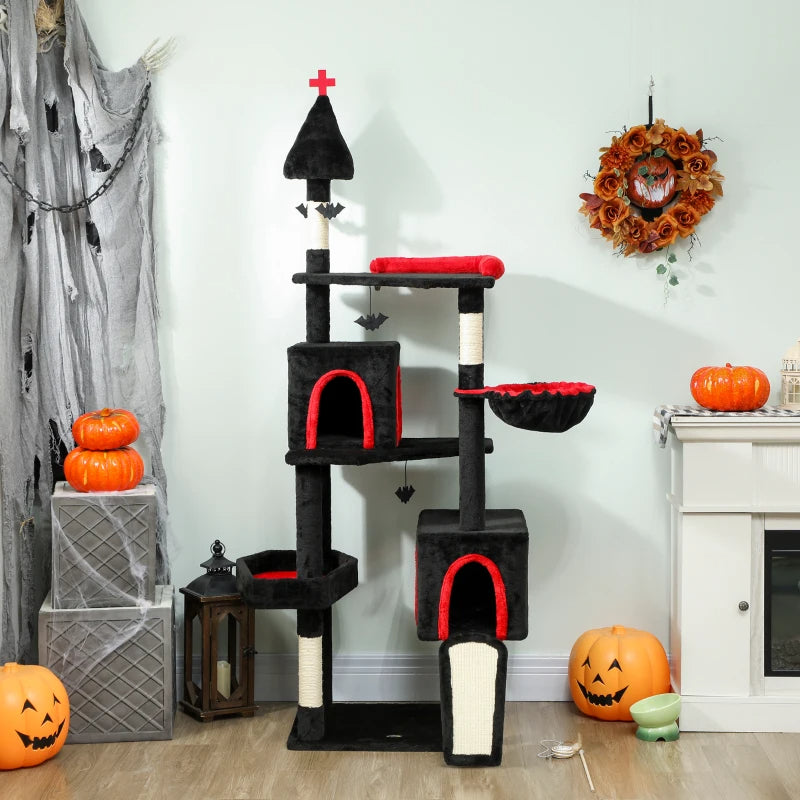 Gothic Cat Tree, Cat Tower With Coffin Bed, 2 Spacious Condos, Sisal Scratching Posts, Bat Hanging Balls, Halloween