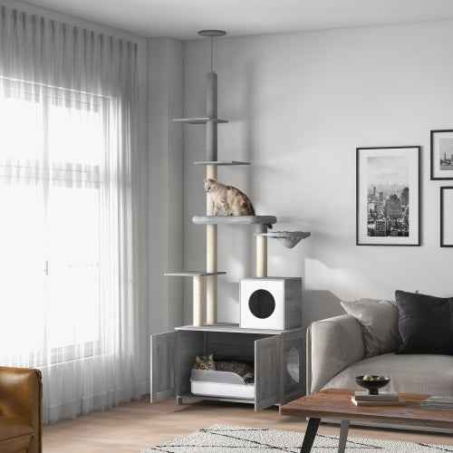 PawHut Cat Tree With Litter Box Enclosure, 2 In 1 Floor To Ceiling Cat Tower Litter Box Furniture With Condo, Bed, Hammock, Scratching Posts, And Platforms For Indoor Use, Gray