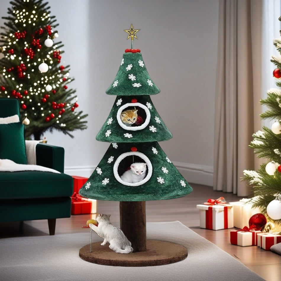 Christmas Cat Tree With 2 Cat Houses, 52 In Cat