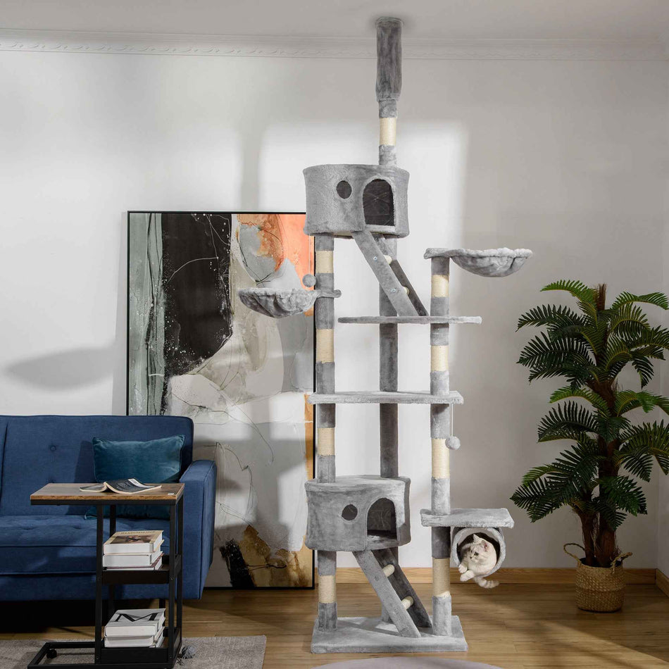 Floor To Ceiling Cat Tree, 94.5-102.5 Inch Height Adjustable Cat Climbing Tower With Scratching Posts, Condos, Hammocks