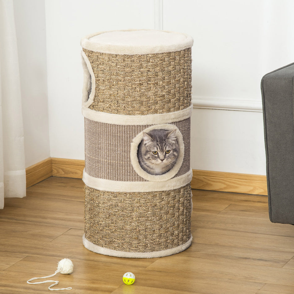 28 Inch Cat Condo, 3 Story Cat Hideaway with Sisal Scratching Pad