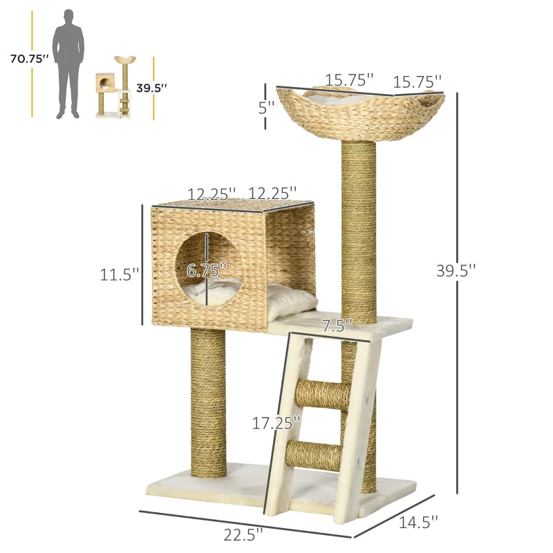 PawHut Cattail Weave Cat Tree For Indoor Cats Kitty Tower With Rattan