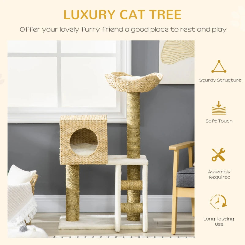 PawHut Cattail Weave Cat Tree For Indoor Cats Kitty Tower With Rattan Cat Condo, Wicker Bed, Ladder, Washable Cushions