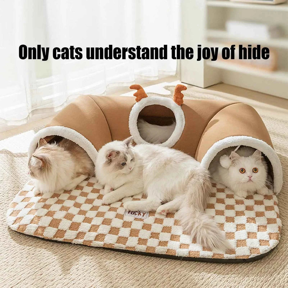 Cozy Cat Bed with Tunnel Cat House Home Mat Pet Kennel Cat Activities Tunnel Bed Warm Antler Cat Peekaboo Cave Nest Kitty Tube