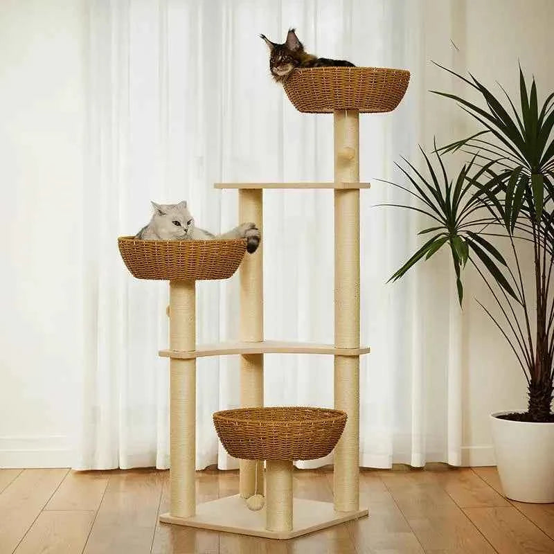 Luxury Modern Furniture Big Cat Tree Tower Rattan Woven Wood Sisal Pet Climbing Scratcher Post Condo Scratching Cats Trees House