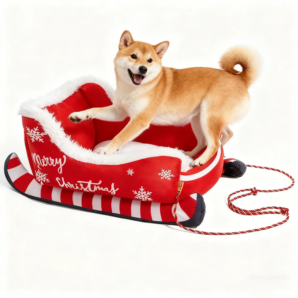 Christmas Santa Sleigh Pet Bed Festive Plush Dog Cat
