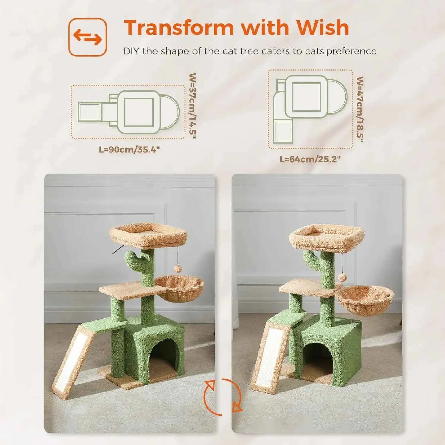 Cactus Cat Tree for Indoor Cats,  Sisal Scratching Ramp, Cozy Hammock and Removable Top Bed Perch for Kittens, Green