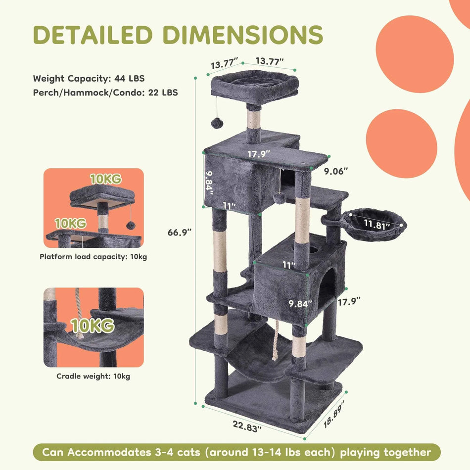 JHK Cat Tree Tower 66 Inch Large Multi Level Cat Climbing Tower with Condo Natural Sisal Scratching Posts Pet House for Indoor