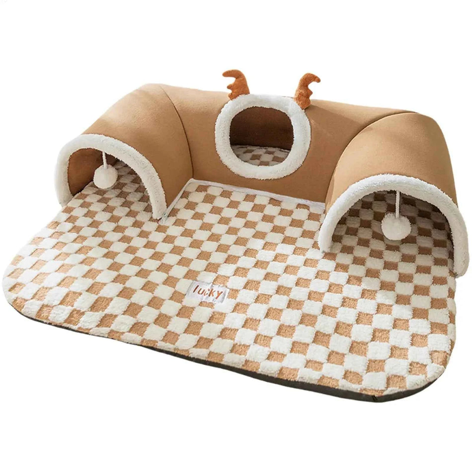 Cozy Cat Bed with Tunnel Cat House Home Mat Pet Kennel Cat Activities Tunnel Bed Warm Antler Cat Peekaboo Cave Nest Kitty Tube