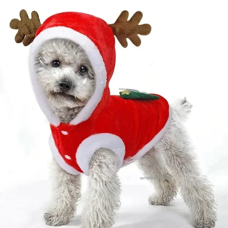 Christmas Dog Costume Festive Red Hoodie With Antlers Pet Outfit