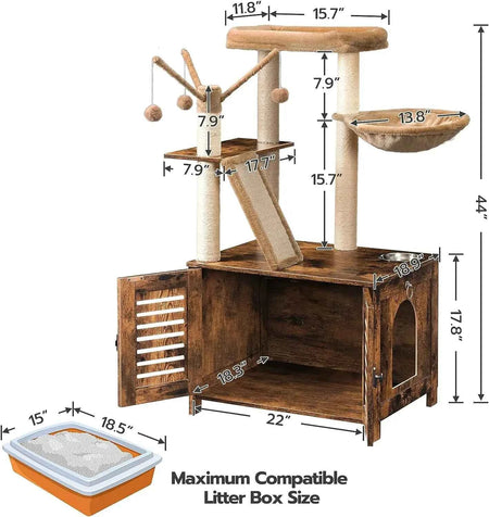 Cat Tree Tower with Box Enclosure Wooden Cat Condo with Scratching Posts Wooden Cat Box