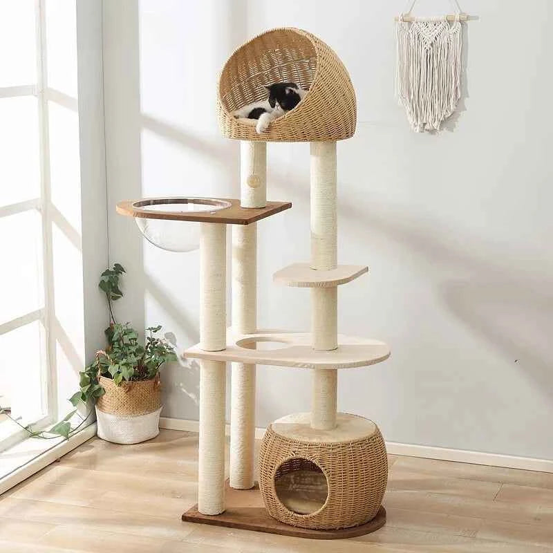 Solid Wood Cat Tree Large Pets Cat Sleeping Tree Transparent Cabin Kitten Tower Pet Toy Accessories Nap Scratching Post for Cats