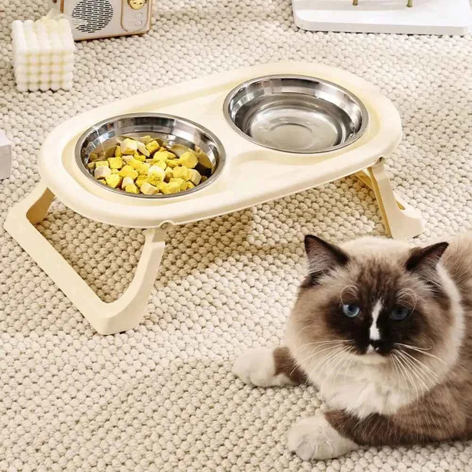 Double Bowls Pet High Footed Bowl Anti-flip Non-Slip Elevated Pet Feeder Bowl with Foldable Stand Stable Cat Food Water Bowl
