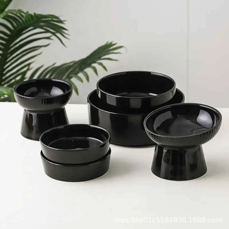Food Water Bowl Pet Animal Ceramic Eating Dishes Cat Feeder High Foot Black Color Puppy Kitten Bowls Dog Accessories