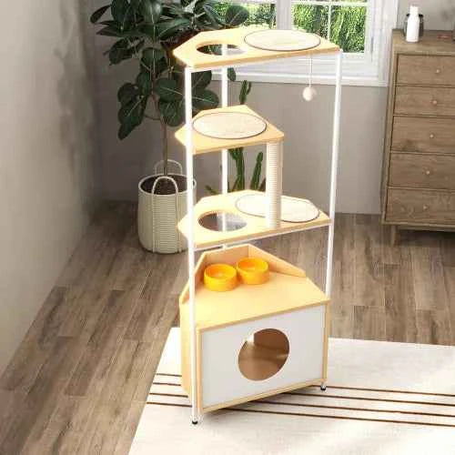 Corner cat tower, cat tree with scratching post, cat apartment with feeding station, pet furniture for indoor cats.