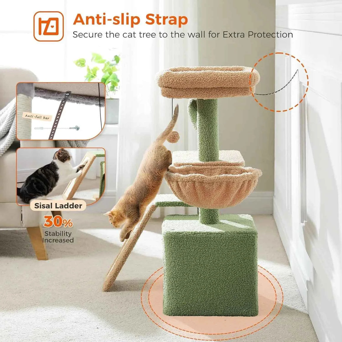 Cactus Cat Tree for Indoor Cats,  Sisal Scratching Ramp, Cozy Hammock and Removable Top Bed Perch for Kittens, Green