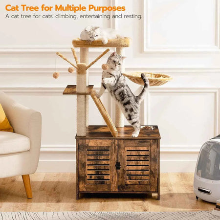 Cat Tree Tower with Box Enclosure Wooden Cat Condo with Scratching Posts Wooden Cat Box