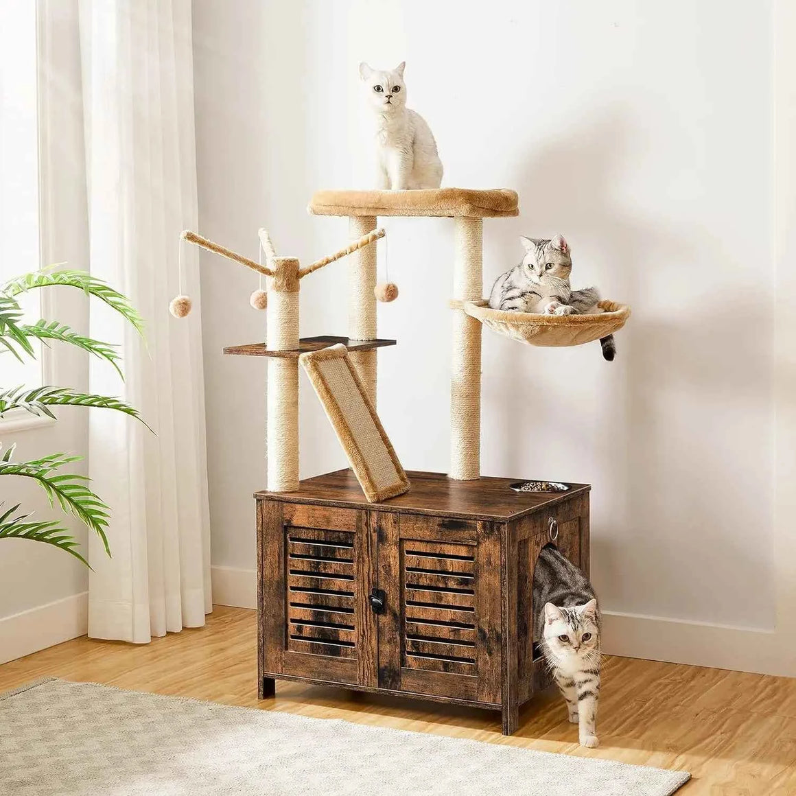 Cat Tree Tower with Box Enclosure Wooden Cat Condo with Scratching Posts Wooden Cat Box