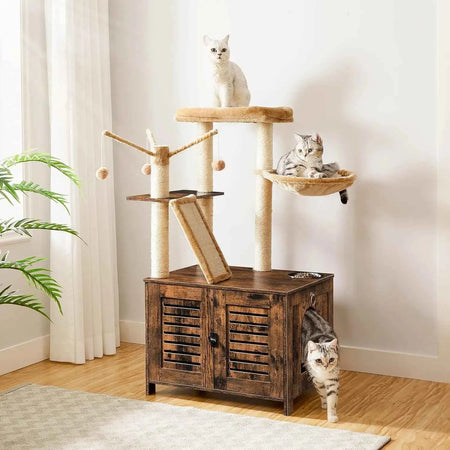 Cat Tree Tower with Box Enclosure Wooden Cat Condo with Scratching Posts Wooden Cat Box
