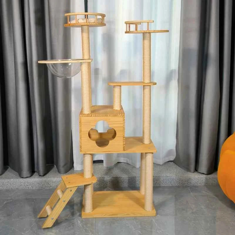 Luxury Small Size Light Yellow Modern Wooden Cat Tower House Eco-Friendly Scratcher Tree For Pets