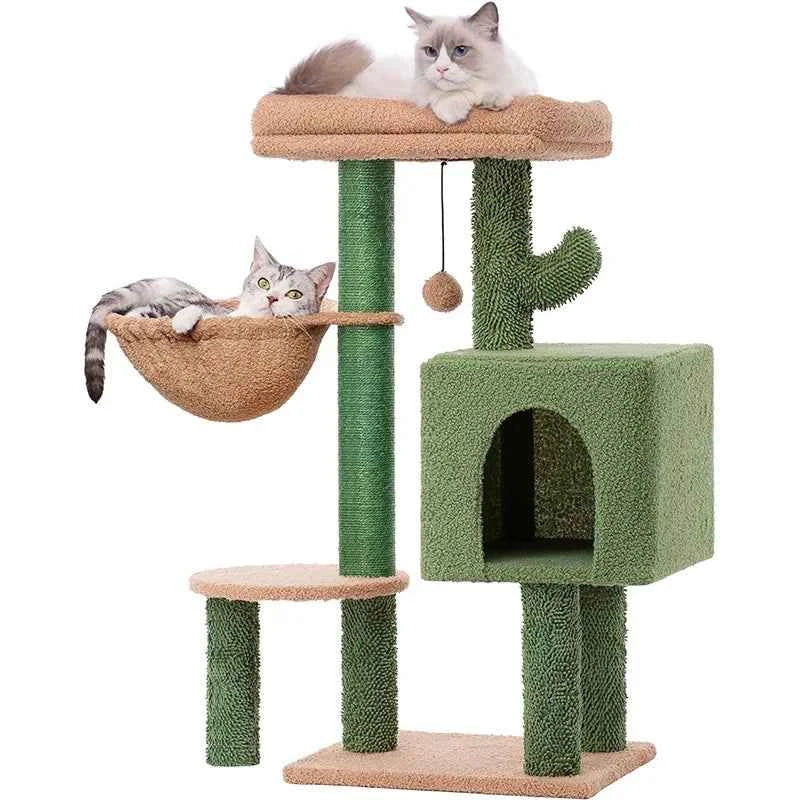 Cactus Cat Tree for Indoor Cats,  Sisal Scratching Ramp, Cozy Hammock and Removable Top Bed Perch for Kittens, Green