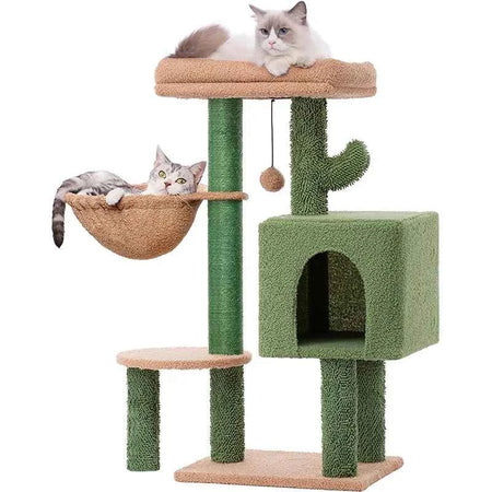 Cactus Cat Tree for Indoor Cats,  Sisal Scratching Ramp, Cozy Hammock and Removable Top Bed Perch for Kittens, Green