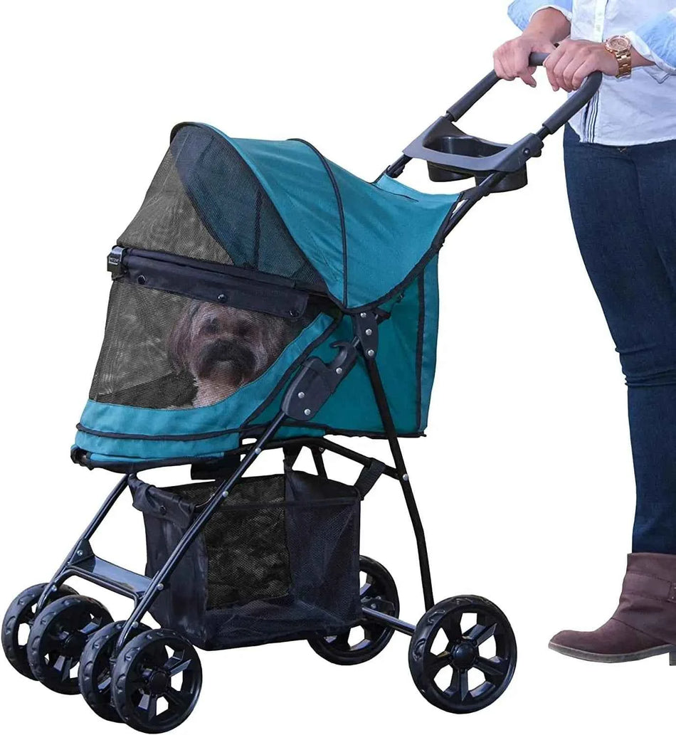 Pet Stroller for Cats/Dogs, Zipperless Entry, Easy Fold with Removable Liner, Safety Tether, Storage Basket + Cup Holder