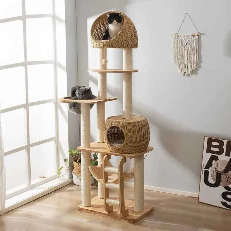 Solid Wood Cat Tree Large Pets Cat Sleeping Tree Transparent Cabin Kitten Tower Pet Toy Accessories Nap Scratching Post for Cats