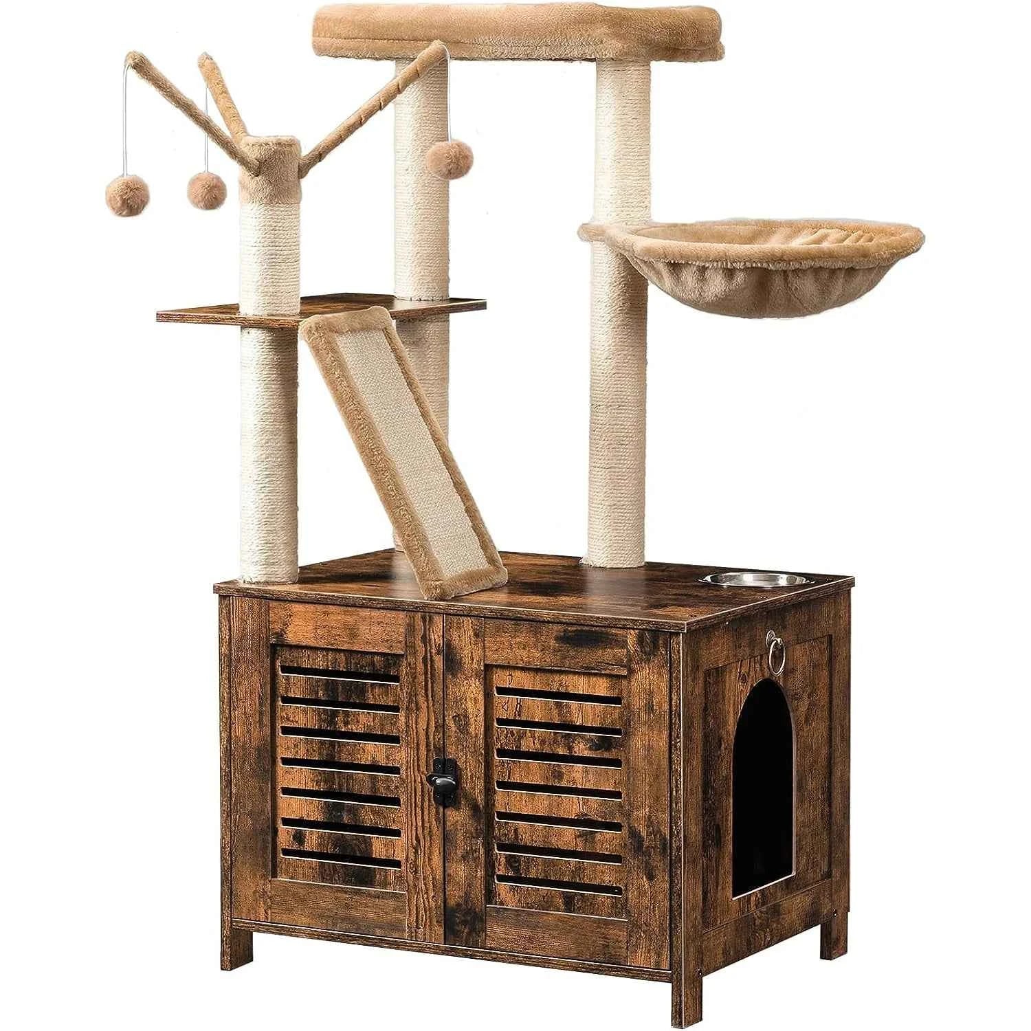 Cat Tree Tower with Box Enclosure Wooden Cat Condo with Scratching Posts Wooden Cat Box