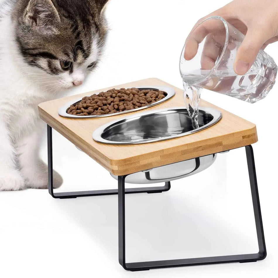 Elevated Cat Bowls Pet Feeder 15° Tilted Raised Cat Food Bowls with Wooden Stand 2 Stainless Steel Bowls for Cats and Puppy