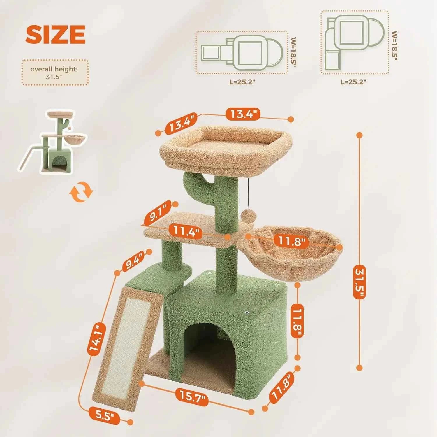 Cactus Cat Tree for Indoor Cats,  Sisal Scratching Ramp, Cozy Hammock and Removable Top Bed Perch for Kittens, Green