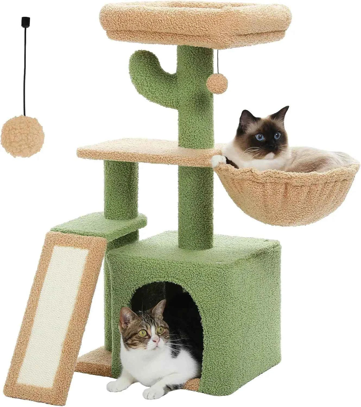 Cactus Cat Tree for Indoor Cats,  Sisal Scratching Ramp, Cozy Hammock and Removable Top Bed Perch for Kittens, Green