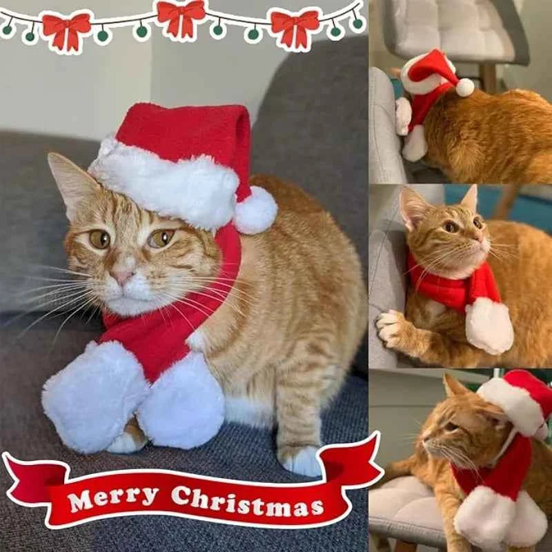 1-20Suit Santa Hat and Scarf Christmas Pet Costume Outfit for Cats Small Dogs Holiday Party Pets Costume Accessories Supplies