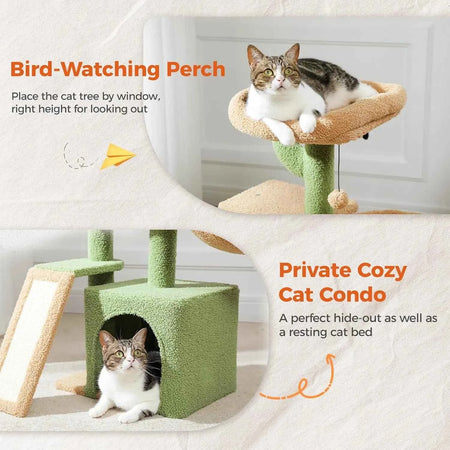 Cactus Cat Tree for Indoor Cats,  Sisal Scratching Ramp, Cozy Hammock and Removable Top Bed Perch for Kittens, Green
