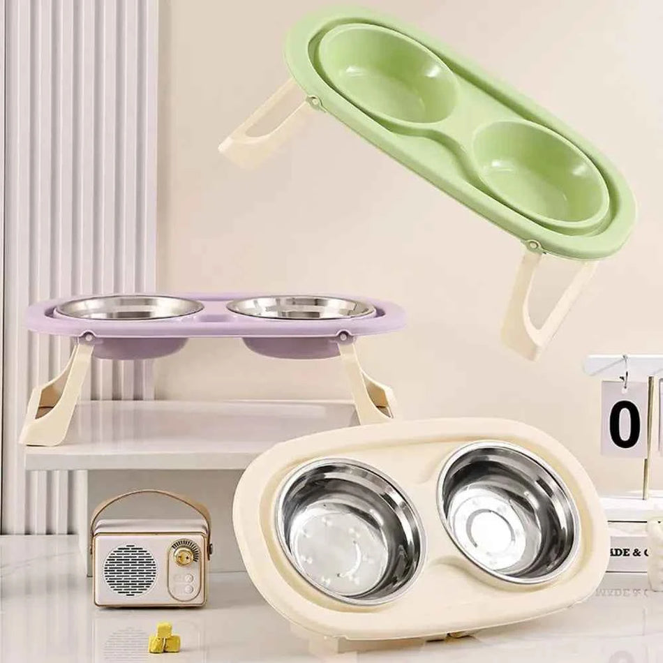 Double Bowls Pet High Footed Bowl Anti-flip Non-Slip Elevated Pet Feeder Bowl with Foldable Stand Stable Cat Food Water Bowl