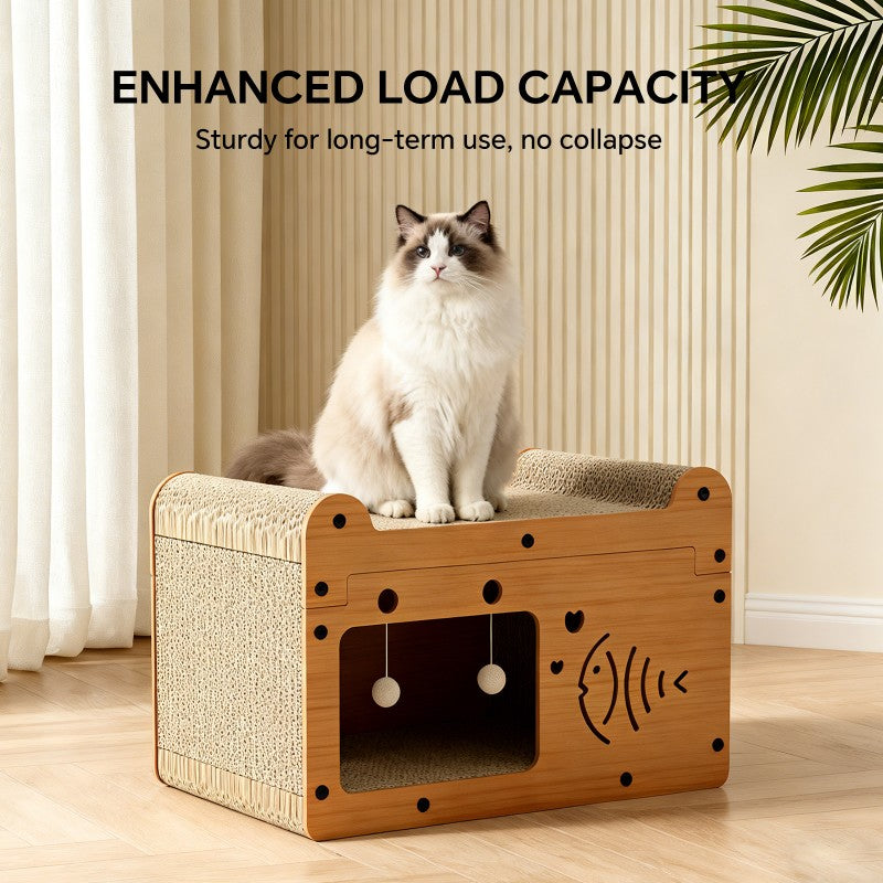 56cm Bubble Fish Shape Cat Scratcher Sofa, With 2 Teaser Balls, Wood