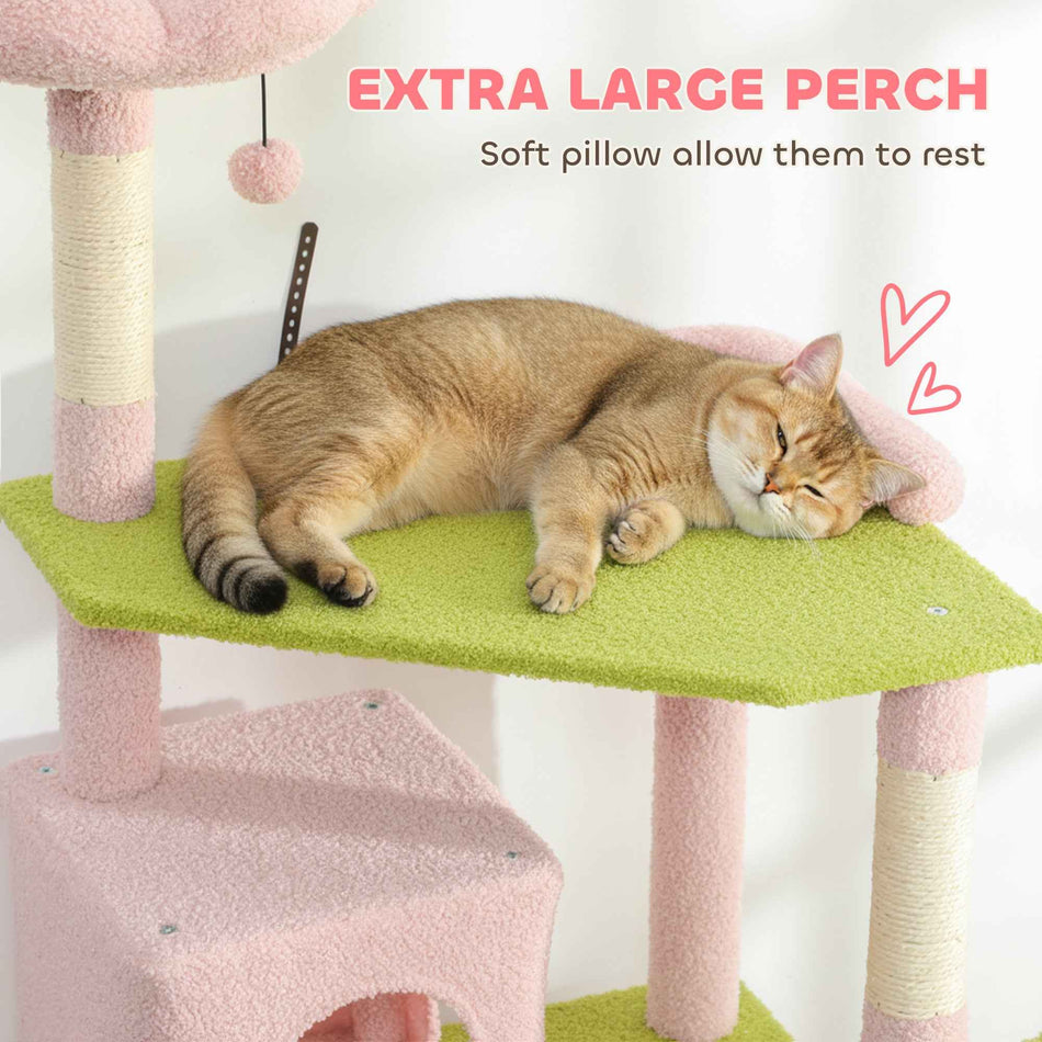 74" Flower Cat Tree, Large Cat Tower with Scratching Post & Board for Indoor Cats, Pink