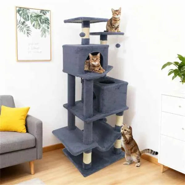 57" Multi-Level Cat Tree For Multi-Cat Households, 2 Condos & Hammock With Sisal Scratching Posts-Gray